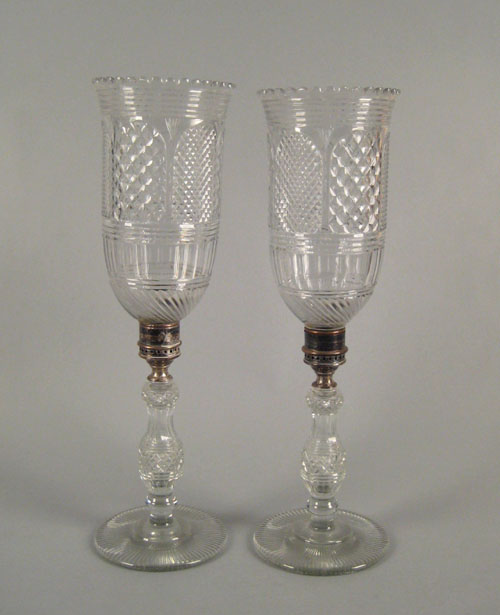 Appraisal: Pair of George III cut glass candelabra ca with hurricane