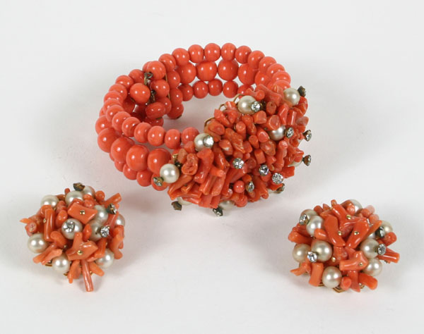 Appraisal: Unsigned Miriam Haskell Coral bracelet and earring set with black