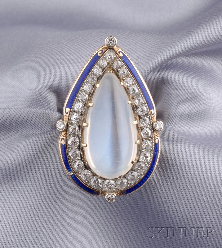 Appraisal: Moonstone Diamond and Enamel Ring set with a pear-shape cabochon