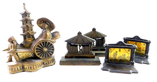 Appraisal: Asian themed table lamp and two pairs bookends electrified table