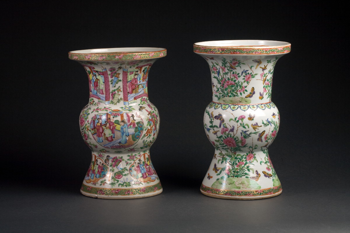 Appraisal: TWO CHINESE EXPORT PORCELAIN FAMILLE ROSE ALTAR VASES The first