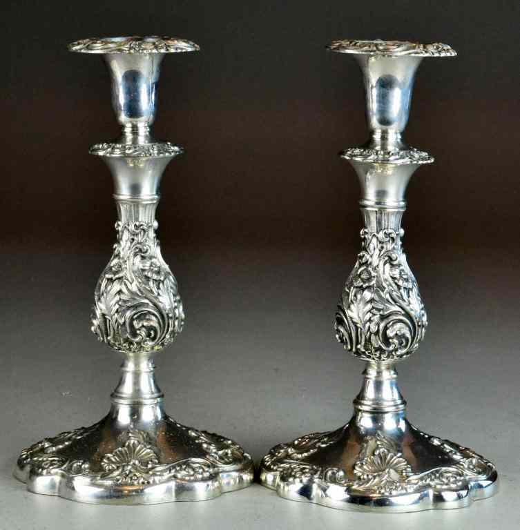 Appraisal: Fine Pair Of Sheffield Plate Candle StandsWith fine repousse work