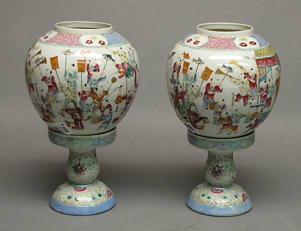 Appraisal: A pair of famille rose enameled porcelain globe-form lanterns Late