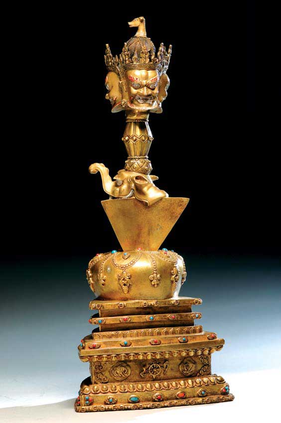 Appraisal: SINO-TIBETAN GILT BRONZE DAGGER Sino-Tibetan gilt bronze ritual Purba dagger