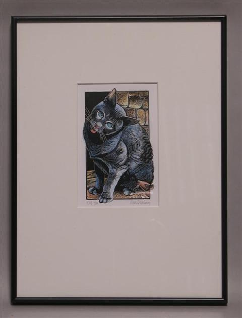 Appraisal: MICHAEL McCURDY CAT AND MOUSE Woodcut x in sight Framed