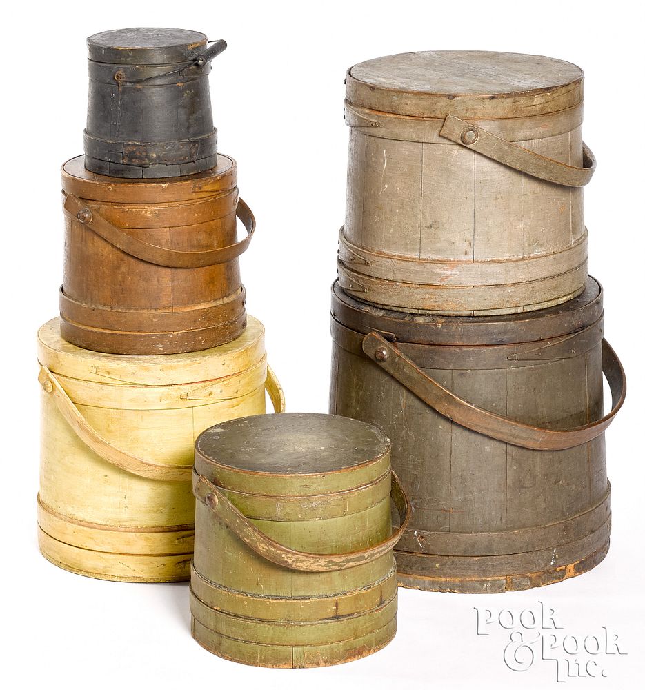 Appraisal: Six painted pine firkins th c Six painted pine firkins