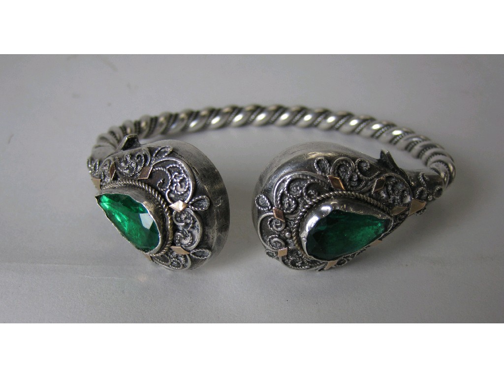 Appraisal: A Continental Silver Gold and Green Paste Bangle