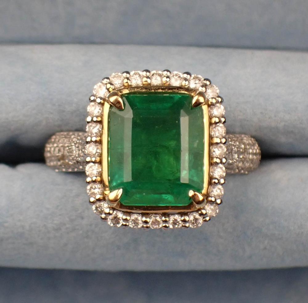 Appraisal: COLOMBIAN EMERALD DIAMOND AND EIGHTEEN KARAT GOLD RING WITH APPRAISAL