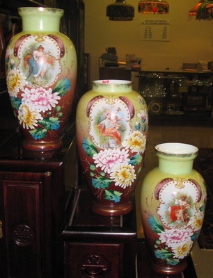 Appraisal: THREE ENGLISH BRISTOL GLASS VASES Each hand painted with enameled