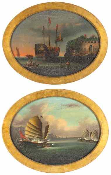 Appraisal: Pair of China Trade Paintings th centuryoil on canvas unsigned