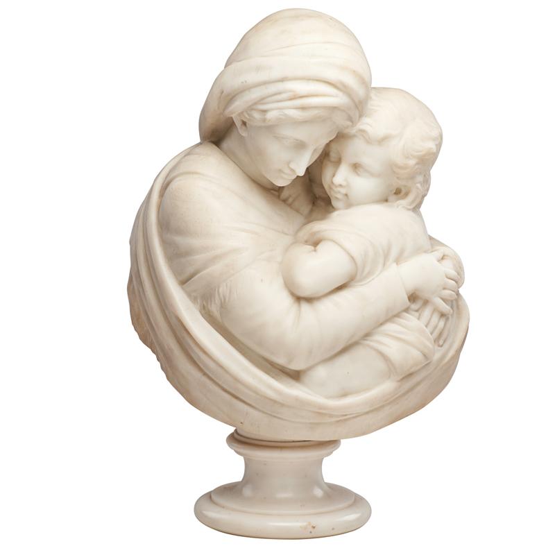 Appraisal: ITALIAN MARBLE BUST Madonna and Child on polished marble base