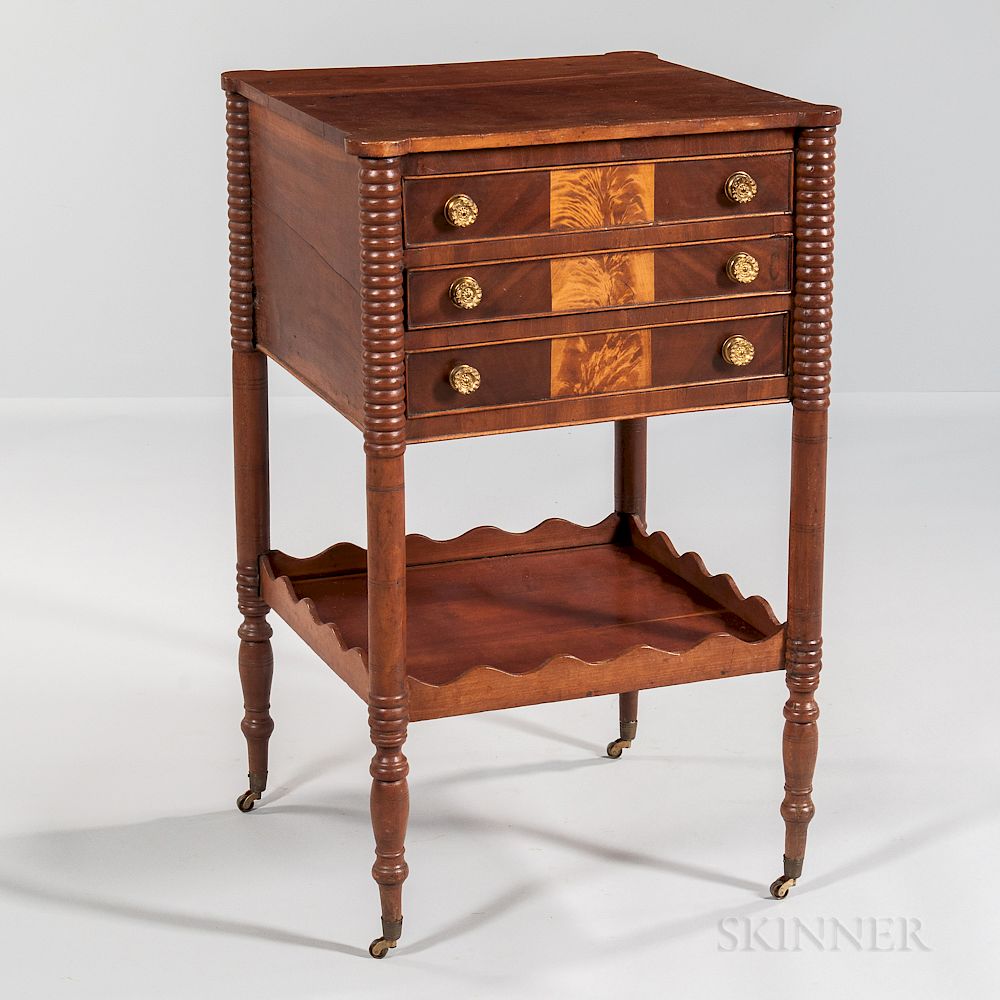 Appraisal: Cherry and Mahogany and Satinwood Inlaid Worktable Cherry and Mahogany