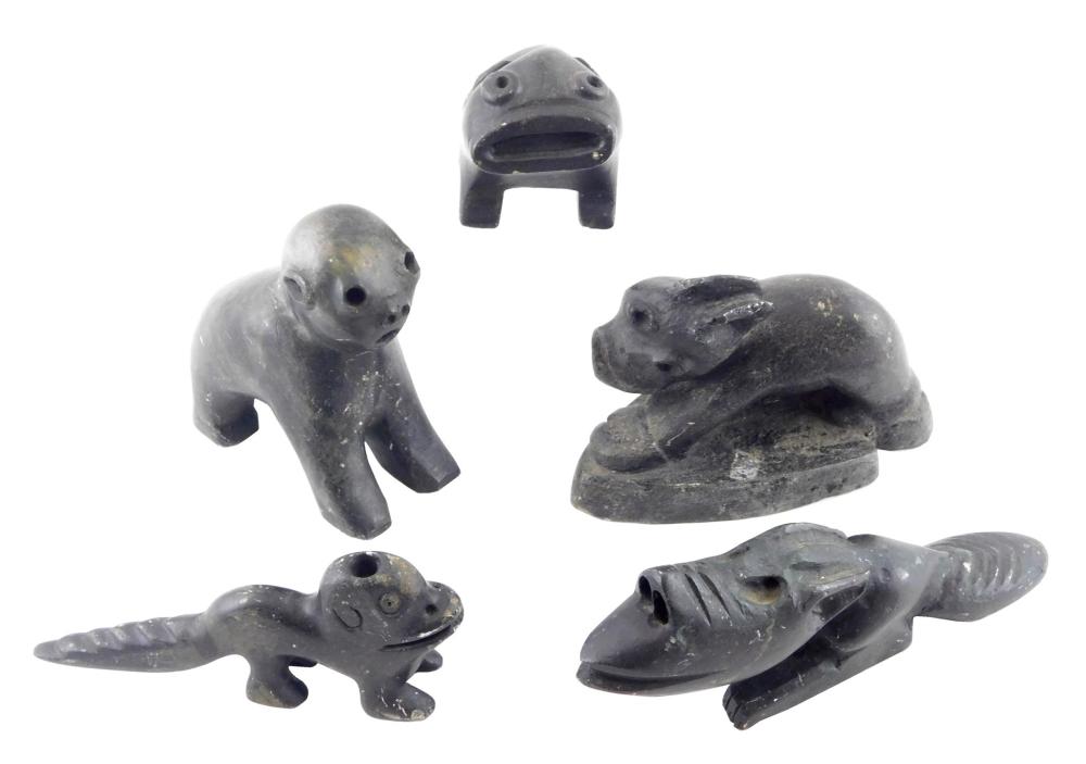 Appraisal: TRIBAL Five Inuit carved black stone creatures no signatures viewed