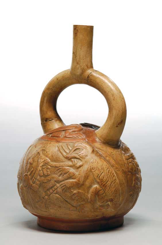 Appraisal: PERUVIAN PRE-COLUMBIAN VESSEL Peruvian Pre-Columbian moulded pottery vessel with a