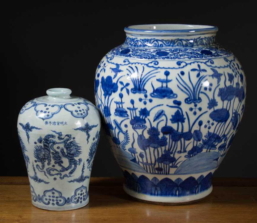 Appraisal: TWO MING STYLE BLUE AND WHITE PORCELAIN JARS the larger