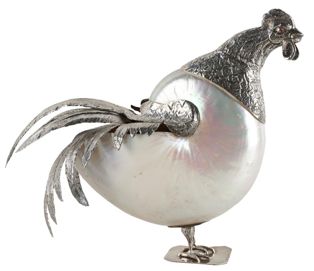 Appraisal: STERLING NAUTILUS SHELL ROOSTER FIGUREmarked PRATA and to base Provenance