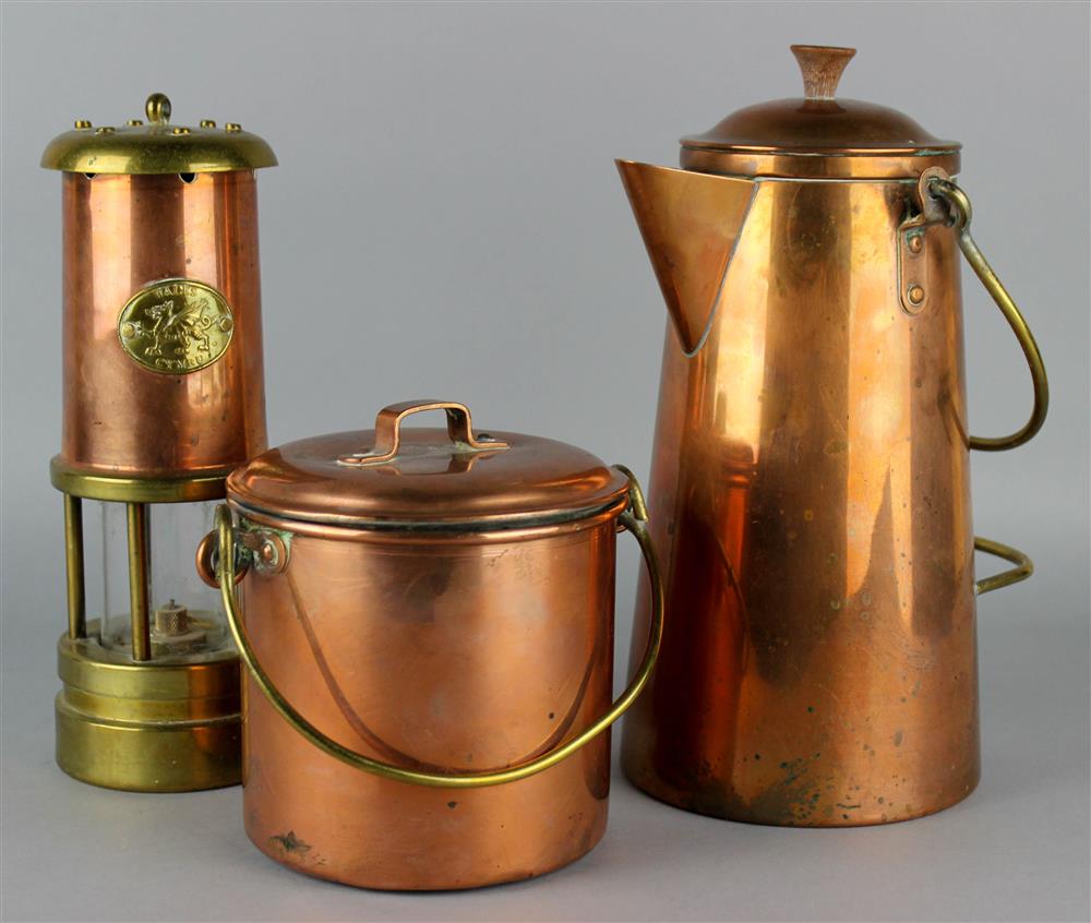 Appraisal: A COPPER MINER'S LAMP A COFFEE POT AND A LUNCH