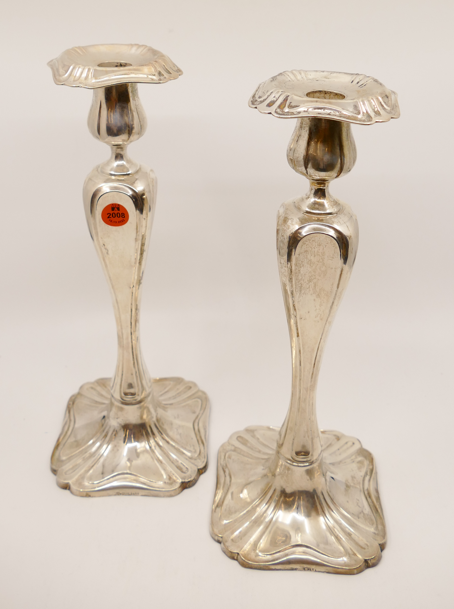 Appraisal: Pair American Sterling Weighted Base Art Nouveau Candlesticks with Bobeches-