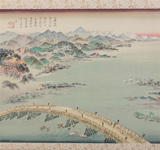 Appraisal: JAPANESE SCHOOL EIGHT SCENES BY THE RIVER Color and ink