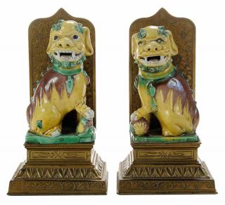 Appraisal: Pair of Sancai Glaze Ceramic Foo Dog Chinese mounted as