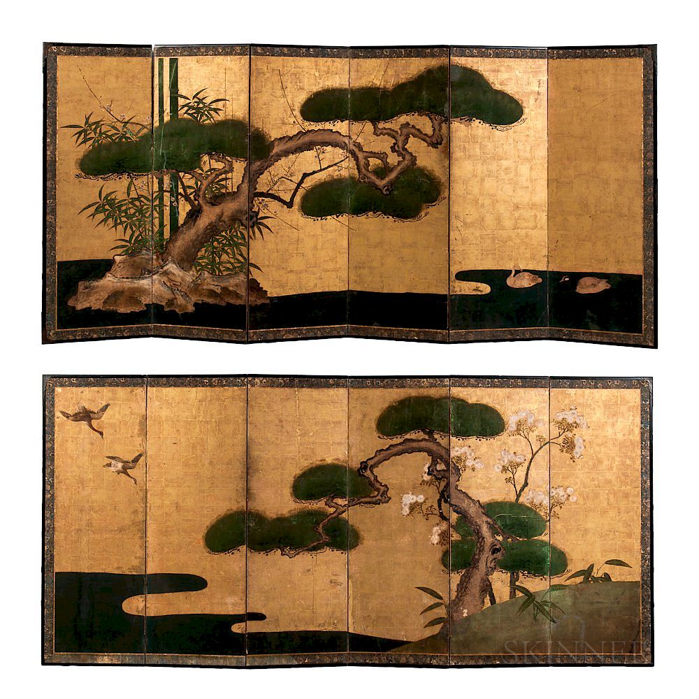 Appraisal: Pair of Kano School Screen Paintings Pair of Kano School