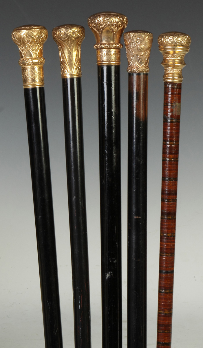 Appraisal: Group of Five Canes w Gold Plated Presentation Handles Ebonized