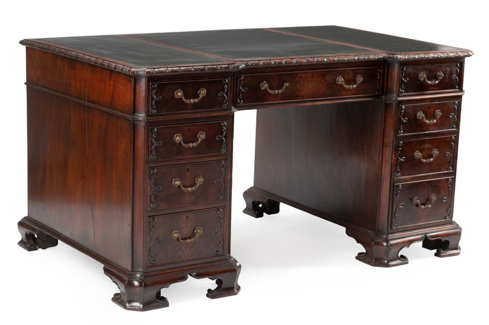 Appraisal: English Chippendale-Style Mahogany Pedestal Desk inset leather top with floral-molded