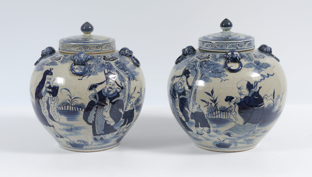 Appraisal: PAIR OVER SIZED BLUE AND WHITE CHINESE COVERED JARS Blue