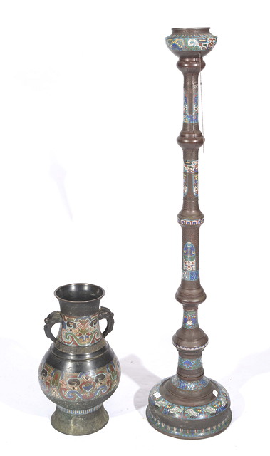 Appraisal: AN ORIENTAL BRONZE AND CLOISONNE ENAMEL INLAID STANDARD LAMP of