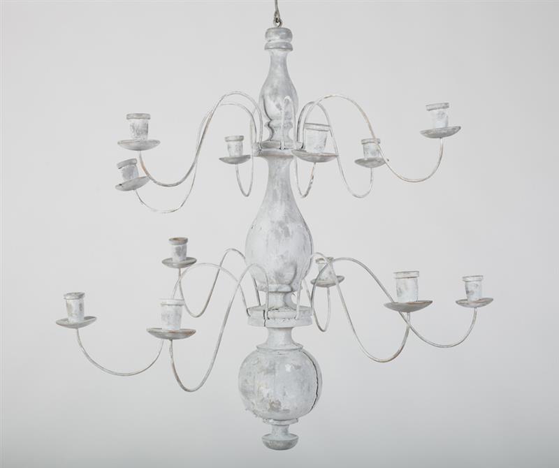 Appraisal: CONTINENTAL GREY-PAINTED WOOD TWELVE-LIGHT TWO-TIERED CHANDELIER The baluster-turned stem issuing