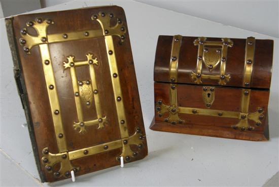 Appraisal: Victorian Gothic walnut brass bound stationery box and blotter en