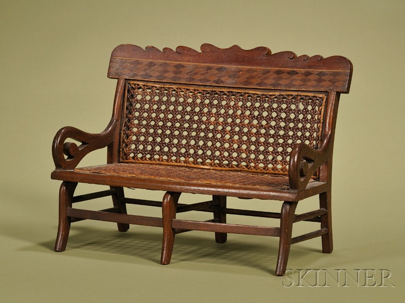 Appraisal: American Miniature Victorian Parquetry-inlaid Walnut and Caned Seat mid- th