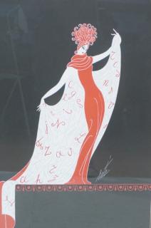 Appraisal: ERTE Print Alphabet Cloak Woman in red evening dress with