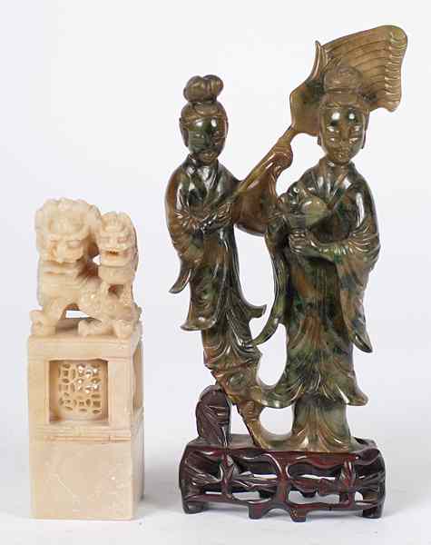 Appraisal: Chinese Figural Carvings Chinese two figural carvings including a green