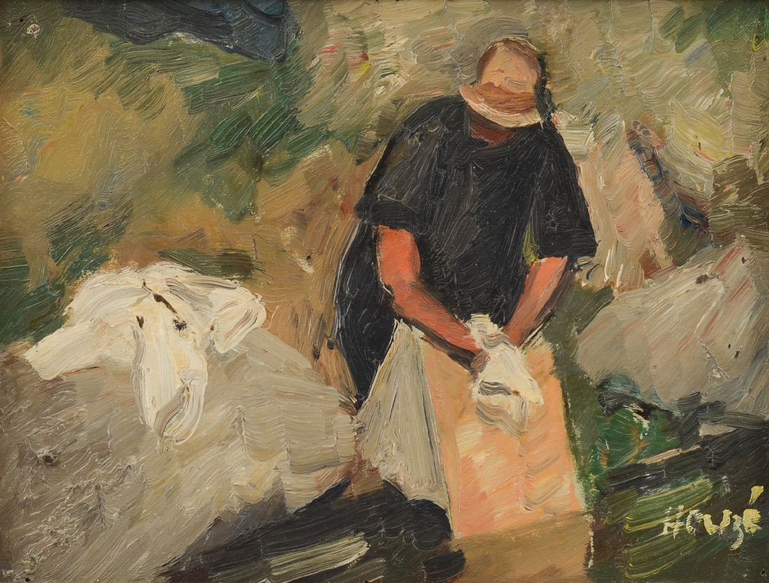 Appraisal: HEUZE Edmond French - Washer Woman Oil Panel '' x