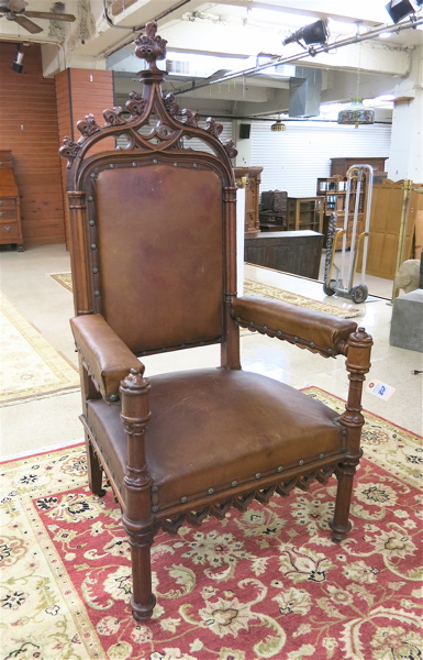 Appraisal: VICTORIAN OAK GOTHIC REVIVAL ARMCHAIR English th century with brown