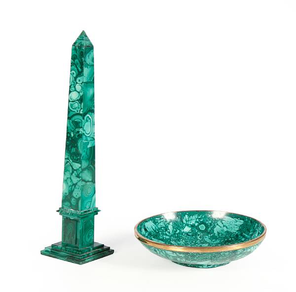 Appraisal: A group of two malachite obelisks and three bowls height