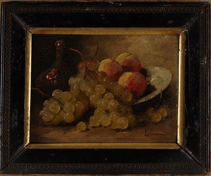 Appraisal: EUROPEAN SCHOOL STILL LIFE WITH FRUIT BOTTLE AND PLATE Oil