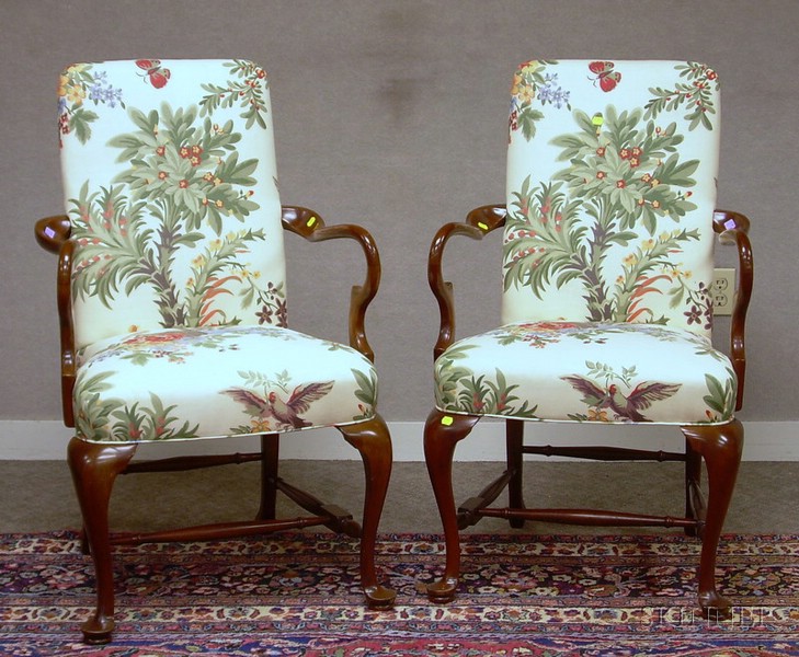 Appraisal: Pair of Southwood Queen Anne Style Floral Upholstered Carved Mahogany