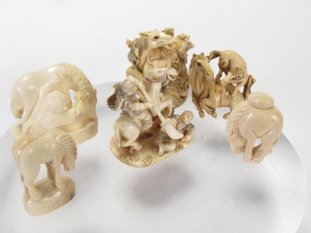 Appraisal: Group of six Oriental ivory carvings including two netsuke four