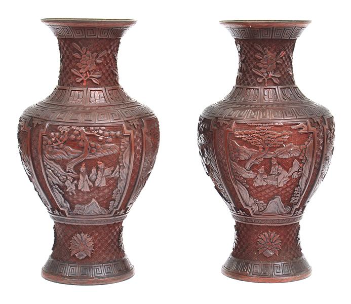 Appraisal: A PAIR OF TH CENTURY CHINESE CINNABAR LACQUERED VASES each