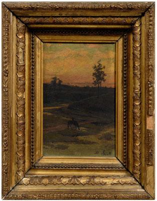 Appraisal: American School landscape lone horseman at sunset watering horse signed