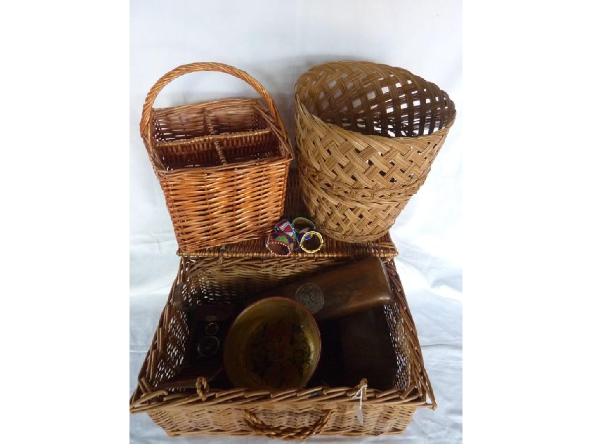 Appraisal: A wicker picnic basket containing teakwood glove box Victorian walnut