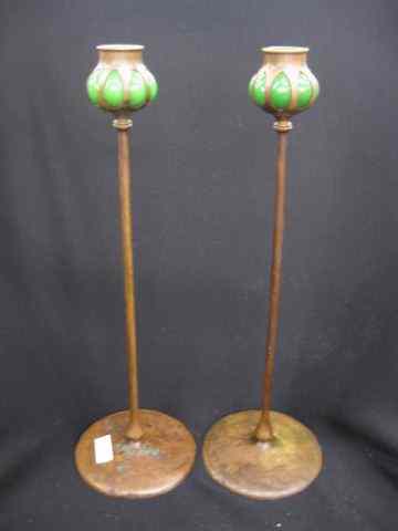 Appraisal: Jarvie Style Bronze Candlesticks green glaze inserts '' tall marked