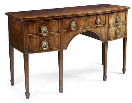 Appraisal: GEORGE III MAHOGANY AND INLAD BOWFRONT SIDEBOARD CIRCA the shaped