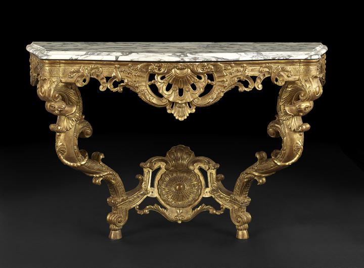 Appraisal: Louis XV-Style Giltwood and Marble-Top Console Table the shaped variegated