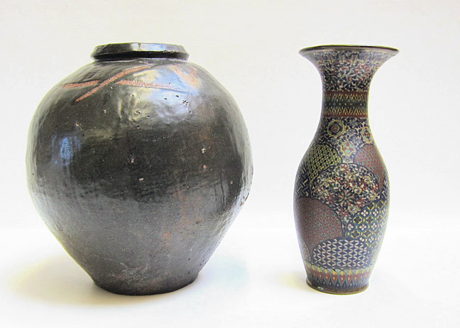 Appraisal: JAPANESE MEIJI POTTERY CLOISONNE VASE AND KOREAN POTTERY KIMCHI POT