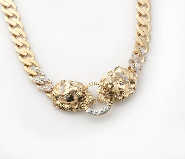 Appraisal: A diamond and k gold lion motif curb link necklace