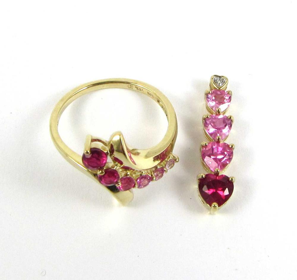 Appraisal: TWO ARTICLES OF PINK SAPPHIRE AND YELLOW GOLD JEWELRY including