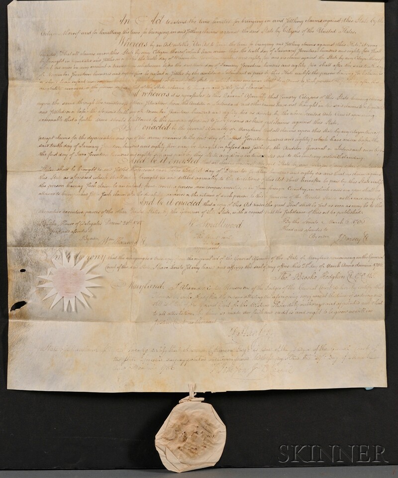 Appraisal: Revolutionary War Financial Reparations Maryland Manuscript document signed one page